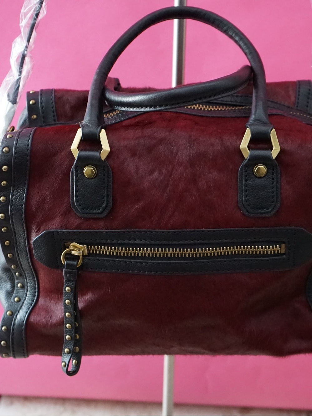 OrYANY Burgundy Wine Calf Hair Leather Studded Satchel Crossbody Bag
eBay: O
